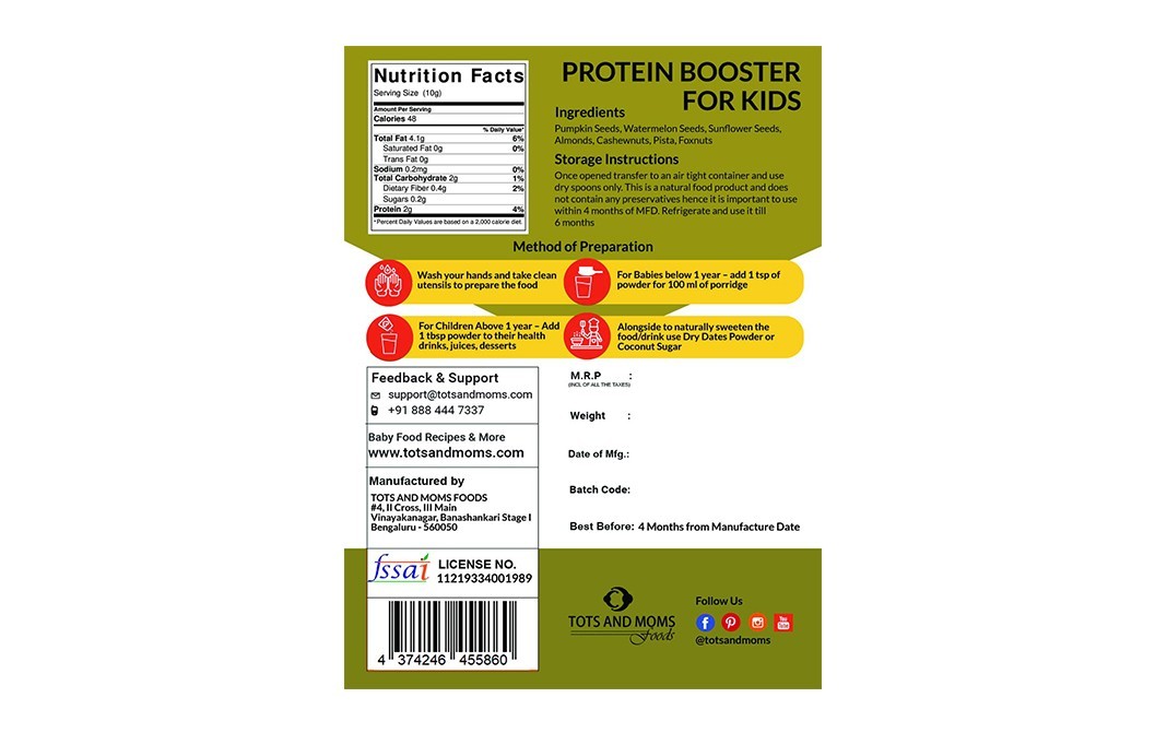 Tots And Moms Foods Protein Booster For Kids   Pack  100 grams